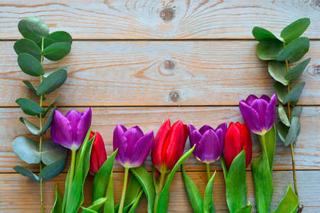A bouquet of purple red tulips on a wooden empty copy space backgroundの写真素材