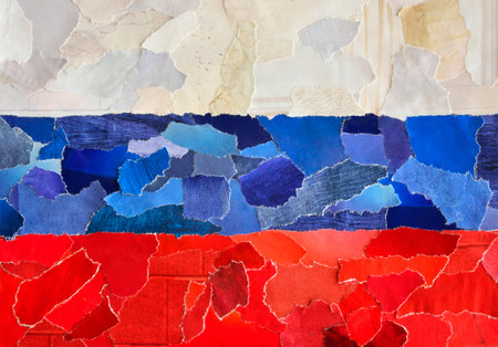 Moodboard collage of little pieces of craft old paper in the colors of the Ukraine and Russian flagの写真素材