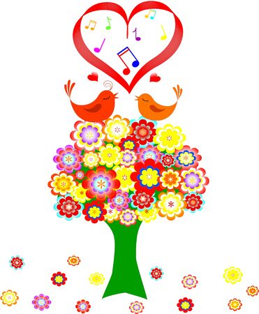Tree in colorful flower with love bird on white background. vector illustrationのイラスト素材