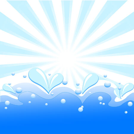 illustration of summer background with sun rays, waves and water drops.のイラスト素材
