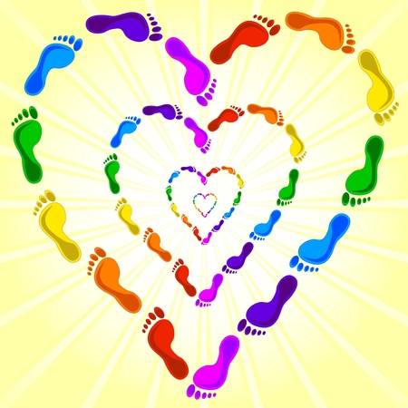 illustration of a heart made with the footprints on sunny background のイラスト素材