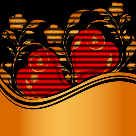 illustration of a golden striped floral ornament with two heartsのイラスト素材