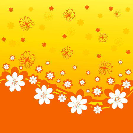 an orange background with daisies and butterflies.のイラスト素材
