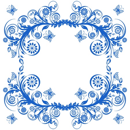 vector illustration of a blue floral frame with butterflies.のイラスト素材