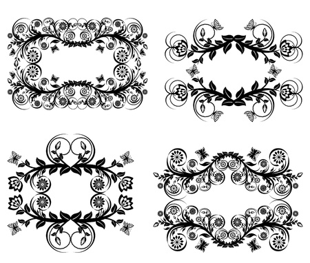 Vector illustration of a set of  black floral frames isolated on white backgroundのイラスト素材