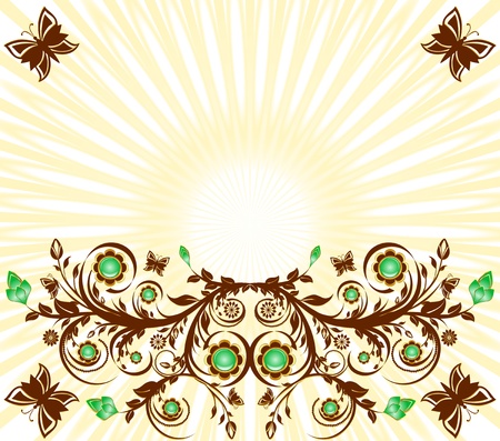 illustration of a floral ornament background with sun and  butterfliesのイラスト素材