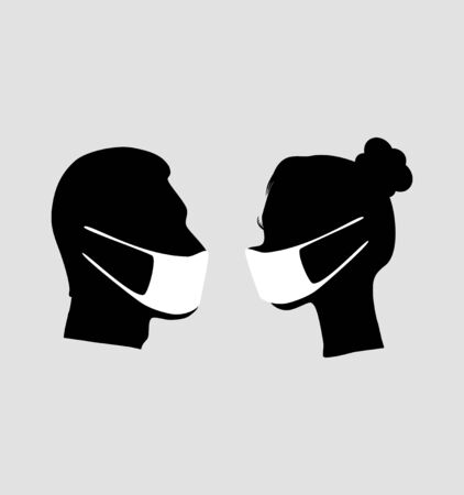 vector illustration of man and woman wearing medical face to prevent from virus spreading. のイラスト素材