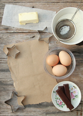 Directly above view of blank paper surrounded by basic ingredients  Add own text の写真素材