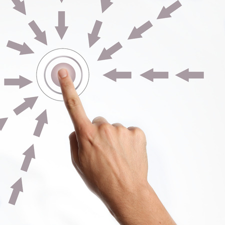 Press the button, Finger pressing button on white background