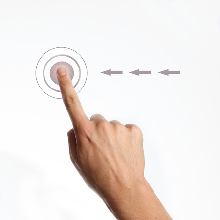 Press the button, Finger pressing button on white background