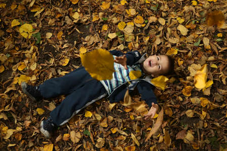 3 years old boy lying on autumn leavesの写真素材