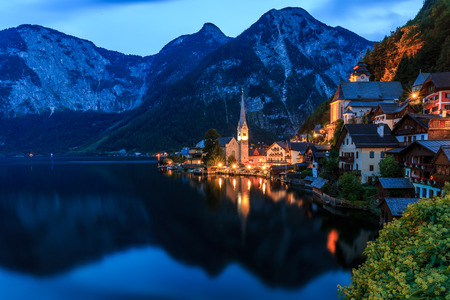 The town of Hallstatt at nightの写真素材