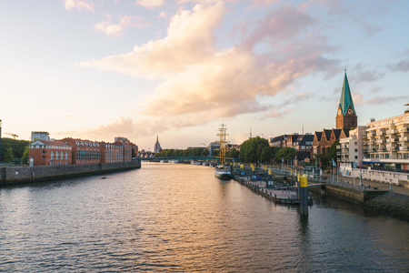 Bremen Cityscape on the Weser River during the sunsetのeditorial素材
