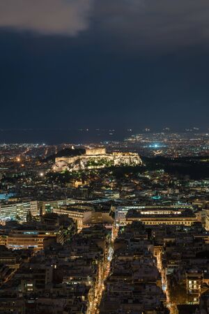 Overlook the night view of Acropolis in Athens, Greeceの写真素材