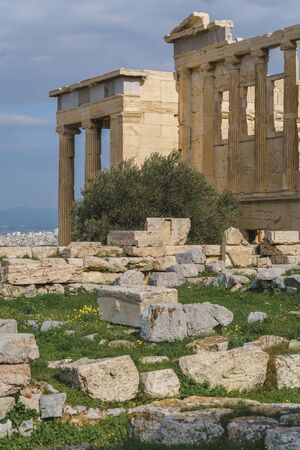 Spectacular sights of the ruins in ancient Greek Acropolis, old temple of parthenon and stone pillar columnsの写真素材