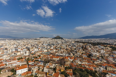 Athens cityscape, and Lycabettus Hill with blue skyのeditorial素材