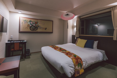 Japanese traditional bedroom, sample of Japanese hotelのeditorial素材