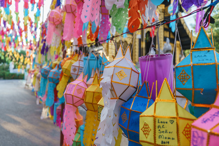 Colorful lanterns hanging in the streets and temples during the Mid-Autumn Festival or Loi Krathong...