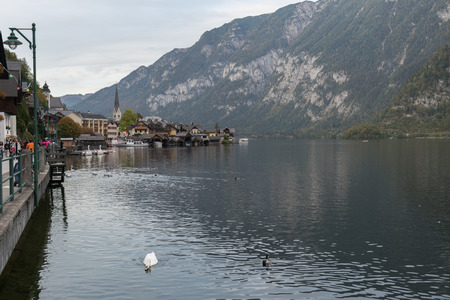 Beautiful landscapes in Hallstatt in a foggy day, a Lakeside Village in dusk, Austriaのeditorial素材