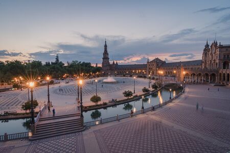 Building and Landscapes in the Plaza de Espana, Beautiful Spain Square in Seville at dusk