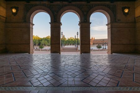 Landscapes in the Plaza de Espana, Beautiful Spain Square in Seville at dusk