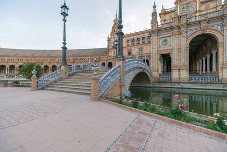 Building and Landscapes in the Plaza de Espana, Beautiful Spain Square in Seville at duskのeditorial素材