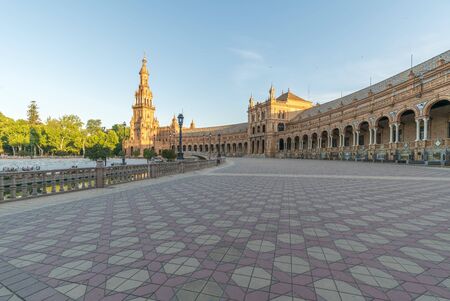 Building and Landscapes in the Plaza de Espana, Beautiful Spain Square in Seville at duskのeditorial素材