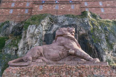 The Lion of Bartholdi against blue sky in Belfort, Franceのeditorial素材