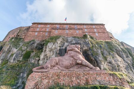 The Lion of Bartholdi against blue sky in Belfort, Franceのeditorial素材