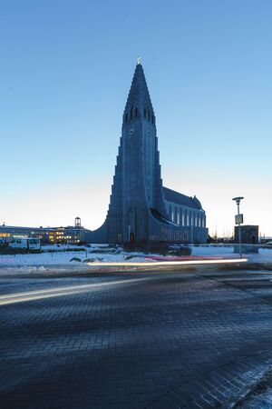 The cathedral of Hallgrimskirkja church in a winter morning, in Reykjavik city center in Icelandのeditorial素材