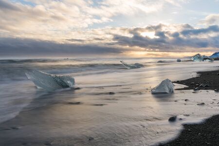 Diamond beach with huge ice glaciers in winter in Icelandの写真素材
