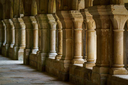 Ancient marble Column corridor of a medieval French abbey. Abbey of Fontenay, Burgundy, France, Europeのeditorial素材
