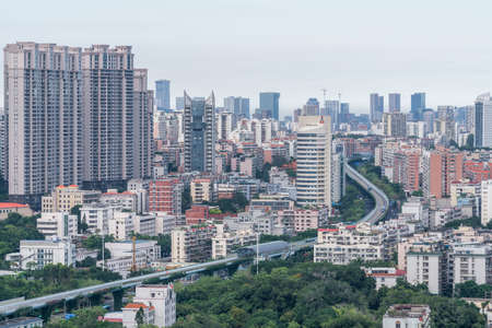 Modern city skyline and viaduct, the fast city transportation BRT in Xiamen city, Fujian, Chianのeditorial素材