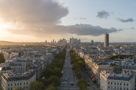 Paris city skyline, La Defense and Champs Elyses at duskのeditorial素材