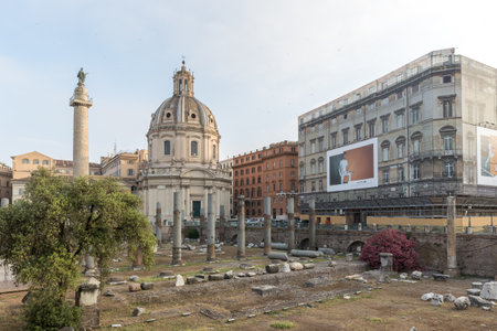 Trajan's Forum and Trajan's Column with Church of the Most Holy Name of Mary at the Trajan Forum, Rome, Italyのeditorial素材