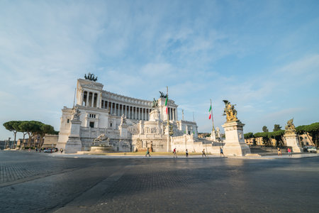 Sunrise landscapes of the empty Roman Forum, view of the Temple of Vespasian and Titus