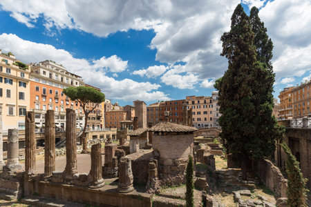 Largo di Torre Argentina, a square in Rome, Italy, with four Roman Republican temples and the remains of Pompey's Theatre.のeditorial素材