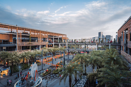 The modern shopping mall, Xiamen Haicang Alohai City Square, landscapes with city skyline during Christmas in Haicang District, Xiamen, Chinaのeditorial素材