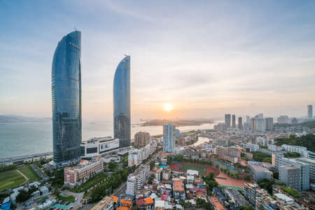 Aerial view of Xiamen cityscape at dusk, Chinaのeditorial素材