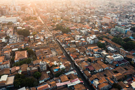 Aerial view of the West Street in old city, the famous travel destination in Quanzhou, and the city skyline in Quanzhou at duskの写真素材