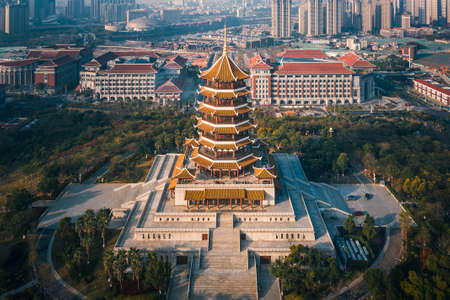Aerial view of a retro style traditional Chinese pagoda tower, Jimei Tower in the Civic Park in...