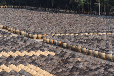 Traditional soy sauce factory, the fermented field with numbers of earthen jars on the ground, where soya beans are fermented to produce the soy sauce which is used in Chinese cookingの写真素材