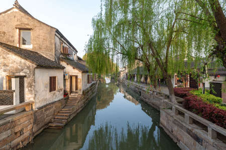 Landscapes of the ancient buildings in Jinxi in the morning,  a historic canal town in southwest Kunshan, Jiangsu Province, Chinaのeditorial素材