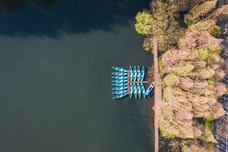 Aerial view of the boats and landscapes in West Lake in Hangzhou