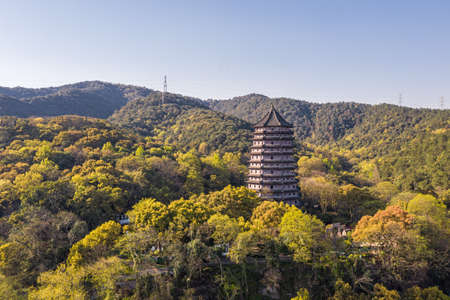 Aerial view of Liuheta Culture Park, Liuhe Tower in Hangzhou, Chinaの写真素材