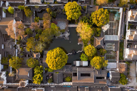Aerial view of Lion Grove Garden, a classical Chinese garden in Suzhou, Chinaの写真素材