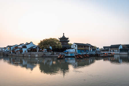 Sunset and night landscape of Shantang Street in Suzhouのeditorial素材