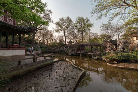Landscape, window and door architecture, old building structure in Lingering Garden, a classical Chinese garden in Suzhou, Chinaのeditorial素材