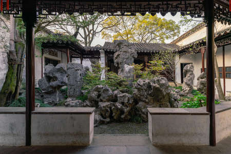Landscape, window and door architecture, old building structure in Lingering Garden, a classical Chinese garden in Suzhou, Chinaのeditorial素材