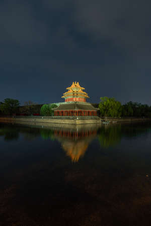 Night view of the Turret of Forbidden city in Beijing, China. The Forbidden City was the imperial capitol of ancient Chinese dynasties in central Beijingのeditorial素材